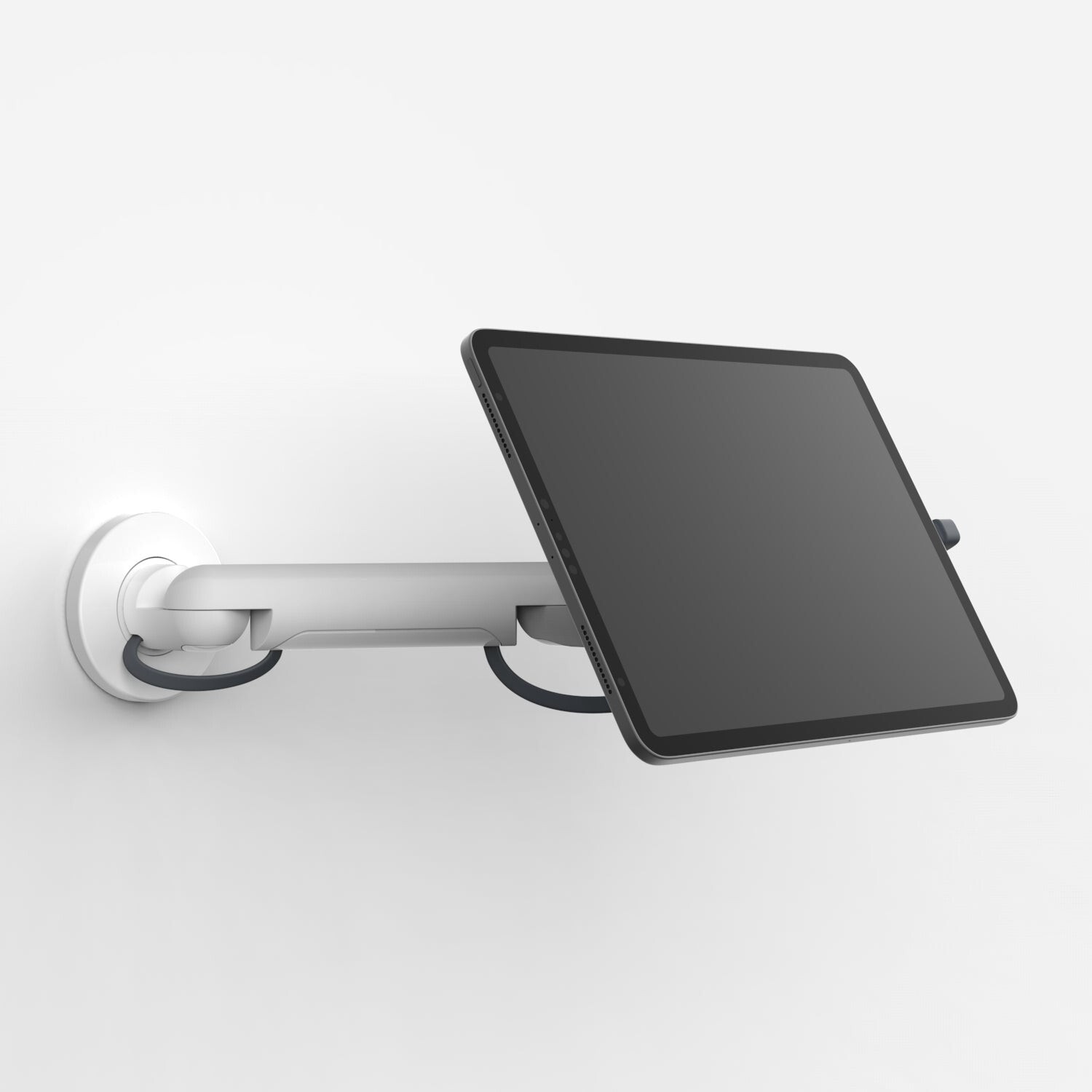 White wall-mounted tablet holder with an adjustable arm, designed for USB-C tablets, featuring a sleek, minimalist design for secure display and easy access.