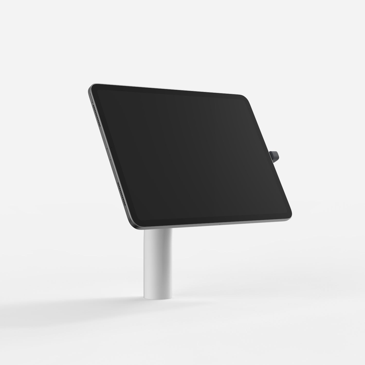 White Bouncepad Core Static 60 tablet stand featuring a sleek design, sturdy pole, and compatibility with all USB-C tablets, showcasing a minimalist aesthetic.