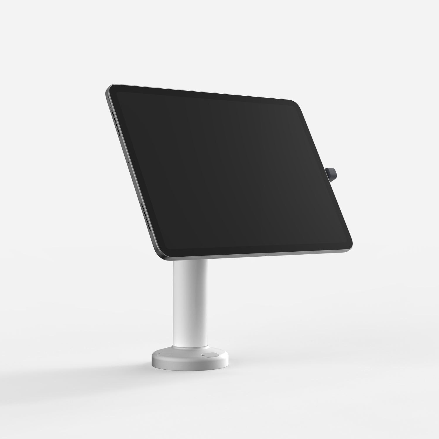 White Bouncepad Core Swivel 60 tablet stand with a sleek design, featuring a sturdy base and adjustable swivel arm, compatible with all USB-C tablets.