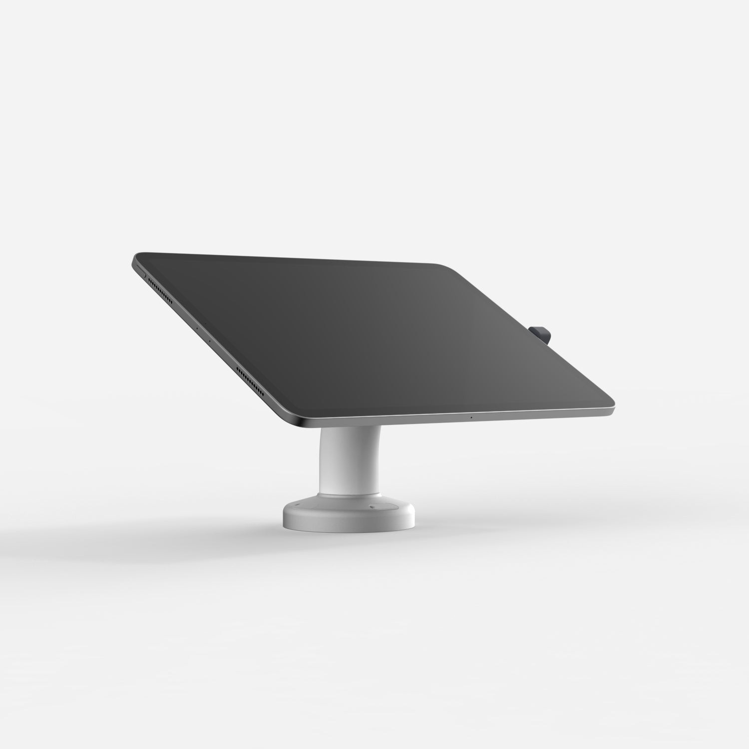 White Bouncepad Core Swivel Desk featuring a sleek design, adjustable tablet holder, and a sturdy base, compatible with all USB-C tablets for versatile use.