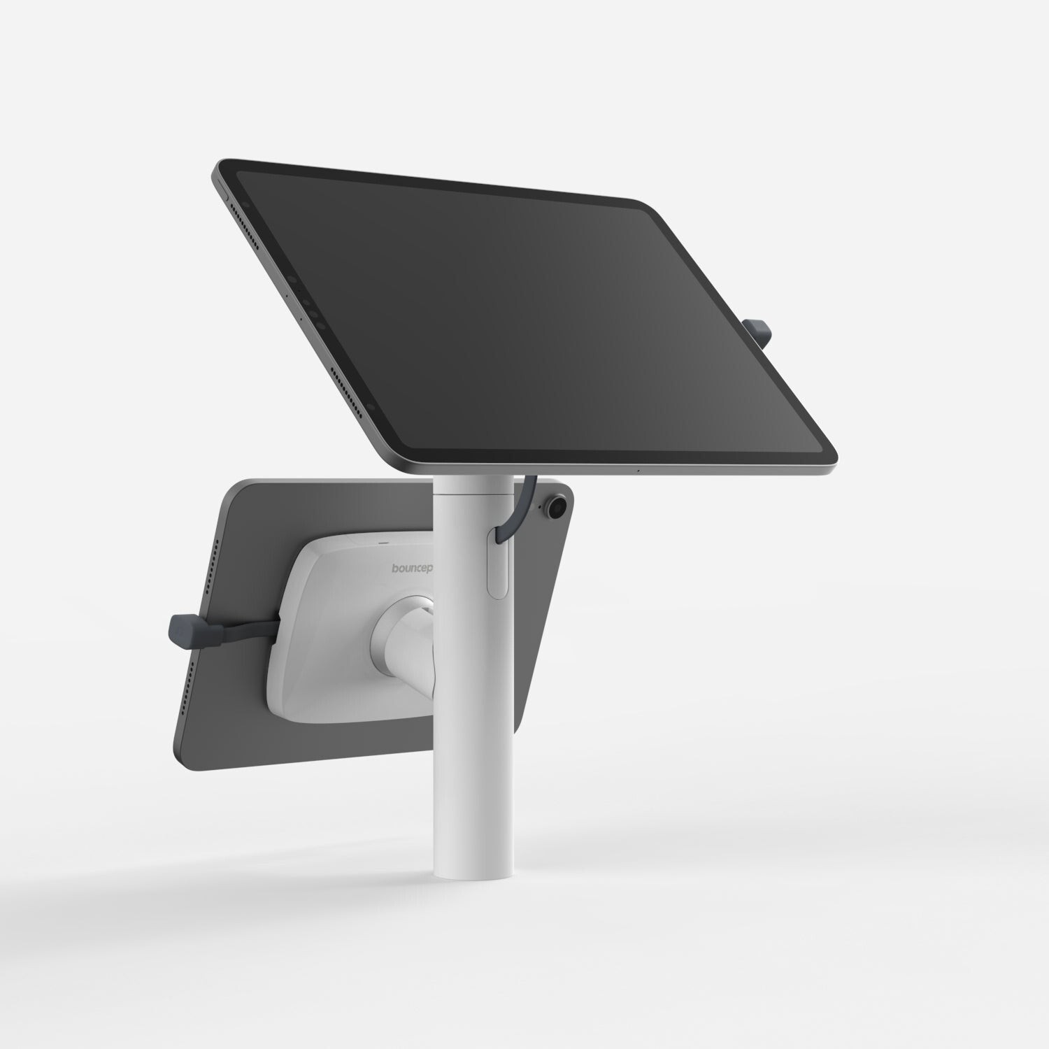 White Bouncepad Core Twin stand with dual tablet mounts, featuring a sleek design, adjustable viewing angles, and compatibility with all USB-C devices.