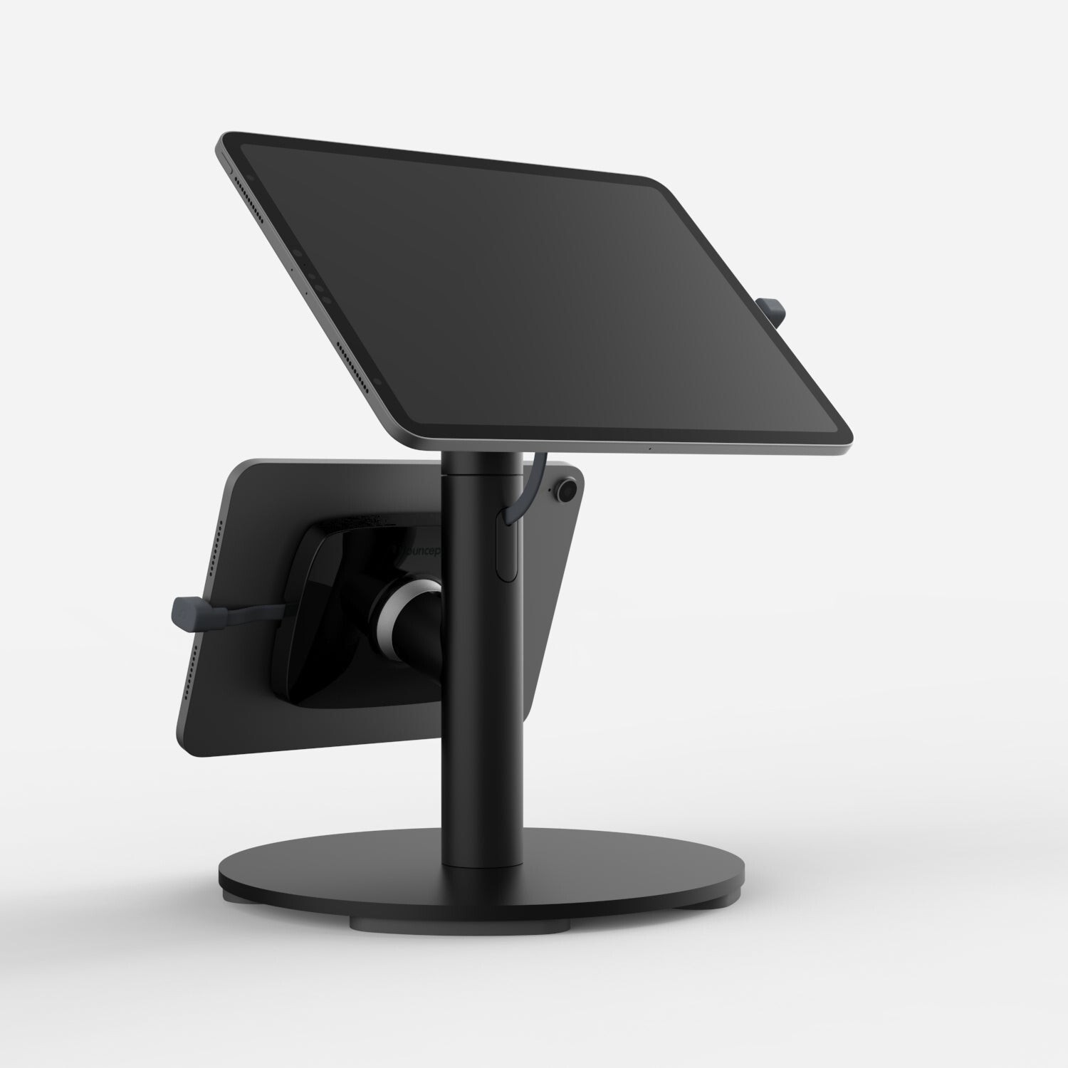 Black Bouncepad Core Twin with a sturdy counter base, featuring a sleek design, adjustable tablet holder, and USB-C compatibility for versatile use.