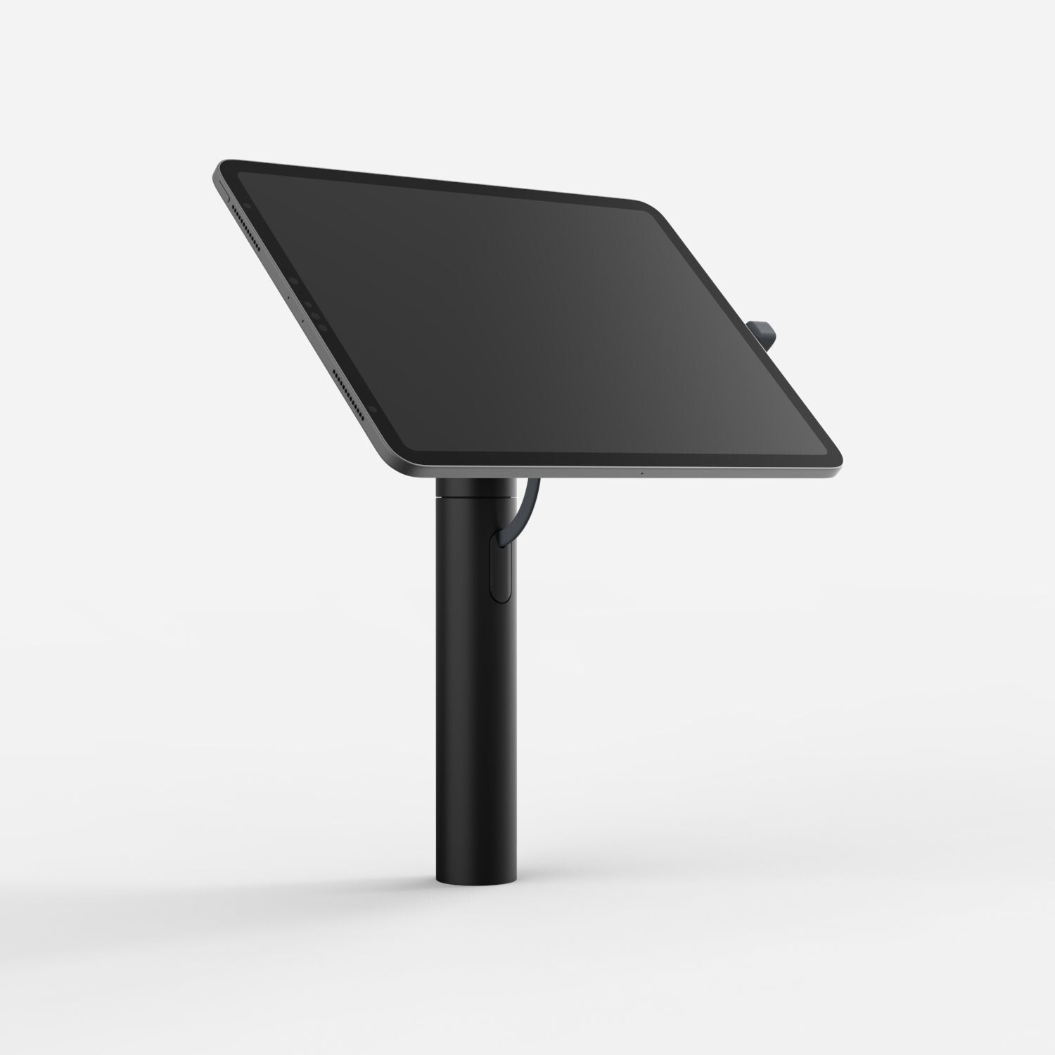 Black Bouncepad Core Twist stand with a sleek design, featuring a sturdy pole and adjustable tablet holder, compatible with all USB-C devices.