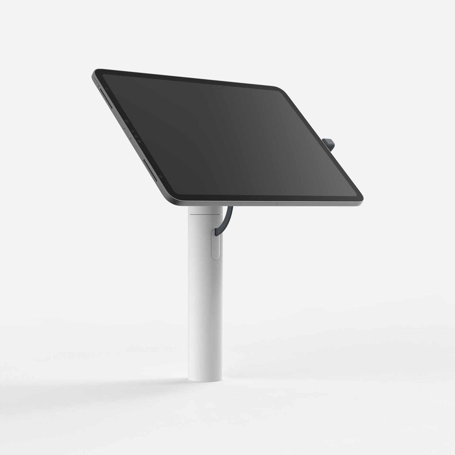 White Bouncepad Core Twist stand with a sleek design, featuring a sturdy pole and a tablet holder, compatible with all USB-C devices, showcasing a modern and minimalist aesthetic.