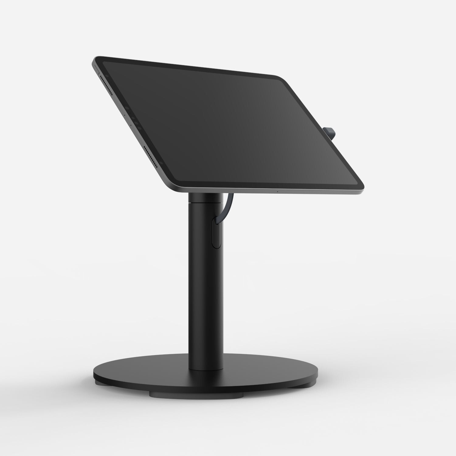 Black Bouncepad Core Twist with a sturdy counter base, featuring a sleek design and adjustable tablet holder, compatible with all USB-C devices.