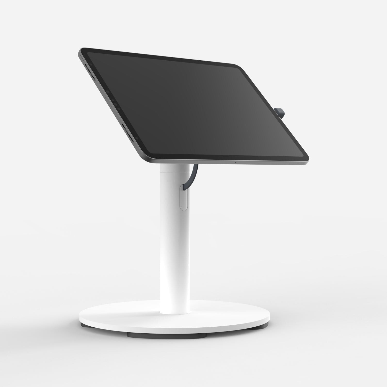 White, sturdy counter base with a sleek, adjustable arm holding a tablet securely in place, designed for USB-C compatibility and optimal viewing angles.