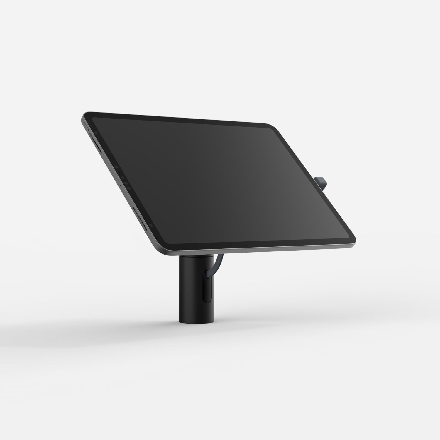 Black Bouncepad Core Twist-Mini tablet stand with adjustable angle, designed for USB-C compatibility, featuring a sturdy pole and sleek, minimalist design.