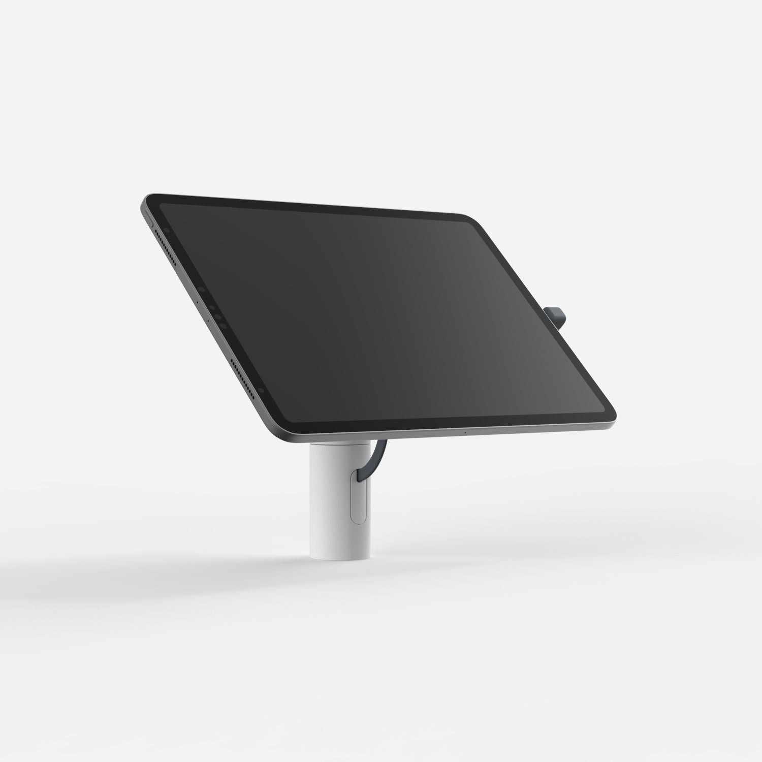 White Bouncepad Core Twist-Mini tablet stand featuring a sleek design, adjustable angle, and compatibility with all USB-C devices.
