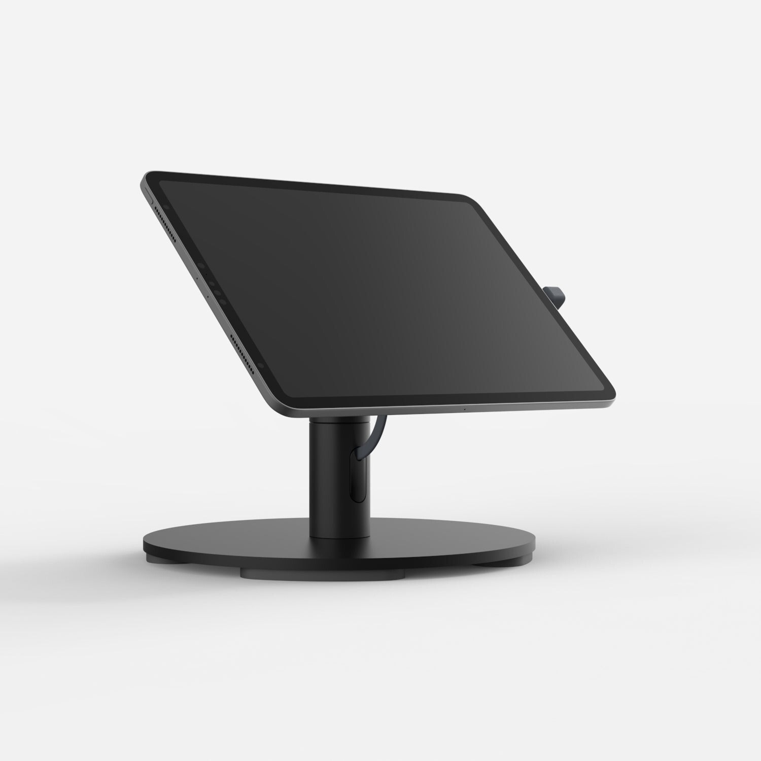 Black Bouncepad Core Twist-Mini with a sturdy counter base, featuring an adjustable tablet holder compatible with all USB-C devices.