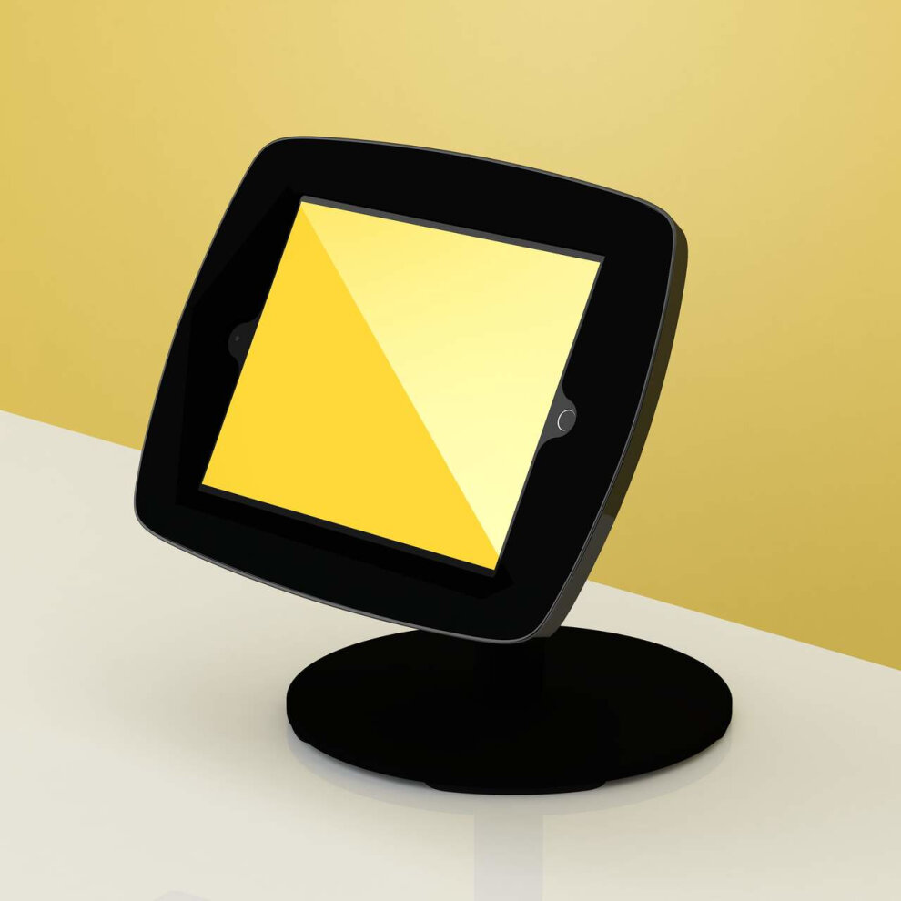 Black Bouncepad Counter 60 stand for Apple iPad Air 2nd Gen, featuring a sleek design with a sturdy base, angled display, and a vibrant yellow screen.