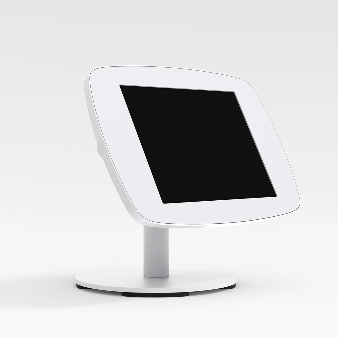 White Bouncepad Counter 60 stand with a Samsung Galaxy Tab A8 10.5 (2021) mounted, featuring a sleek design and sturdy base for secure tablet display.