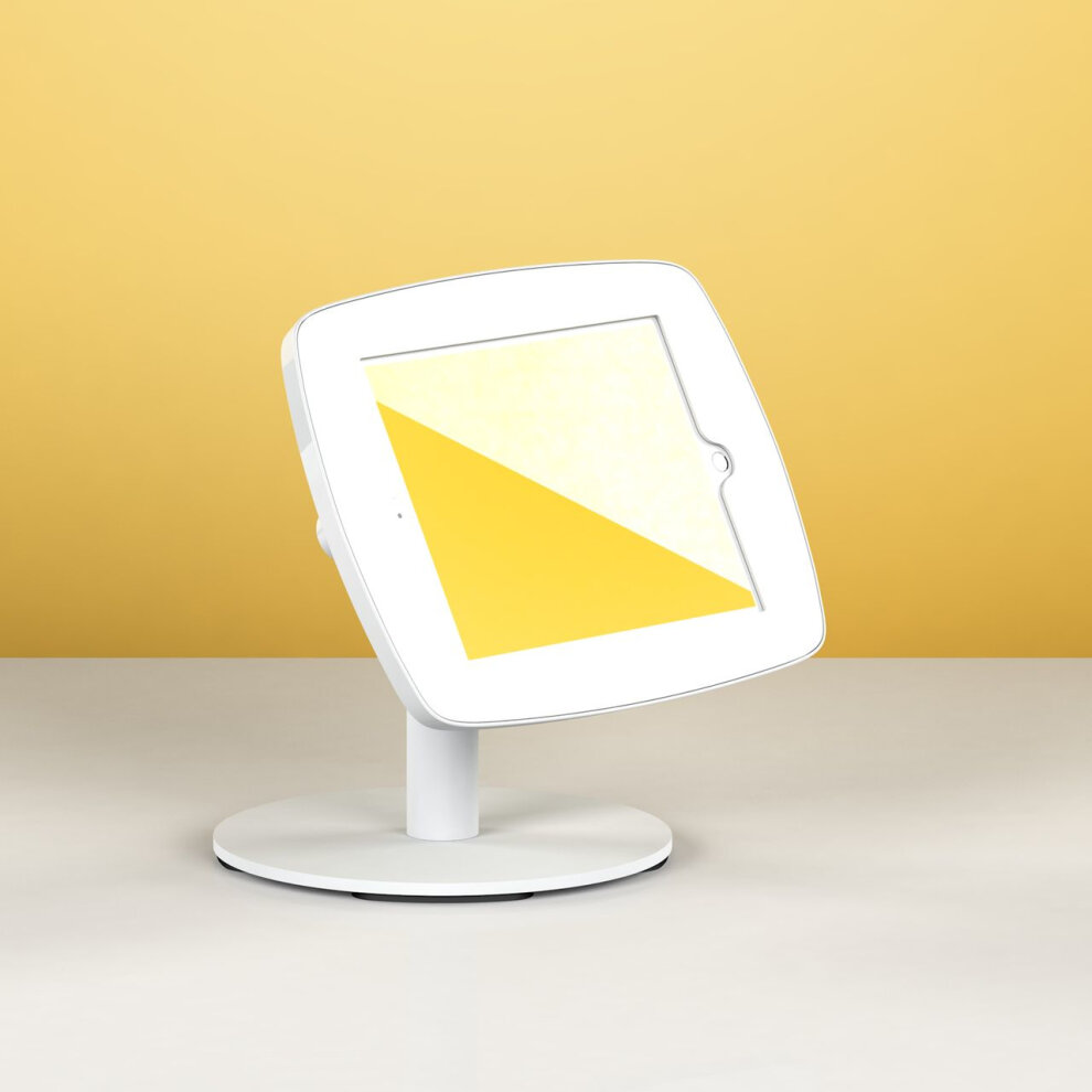 White Bouncepad Counter 60 stand for Samsung Galaxy Tab S3, featuring a sleek design with a rounded display and sturdy base, set against a yellow background.