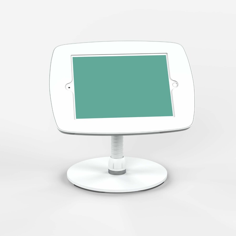 White Bouncepad Counter Flex stand with a Samsung Galaxy Tab S3 9.7 securely mounted, featuring a flexible neck and a sturdy circular base.
