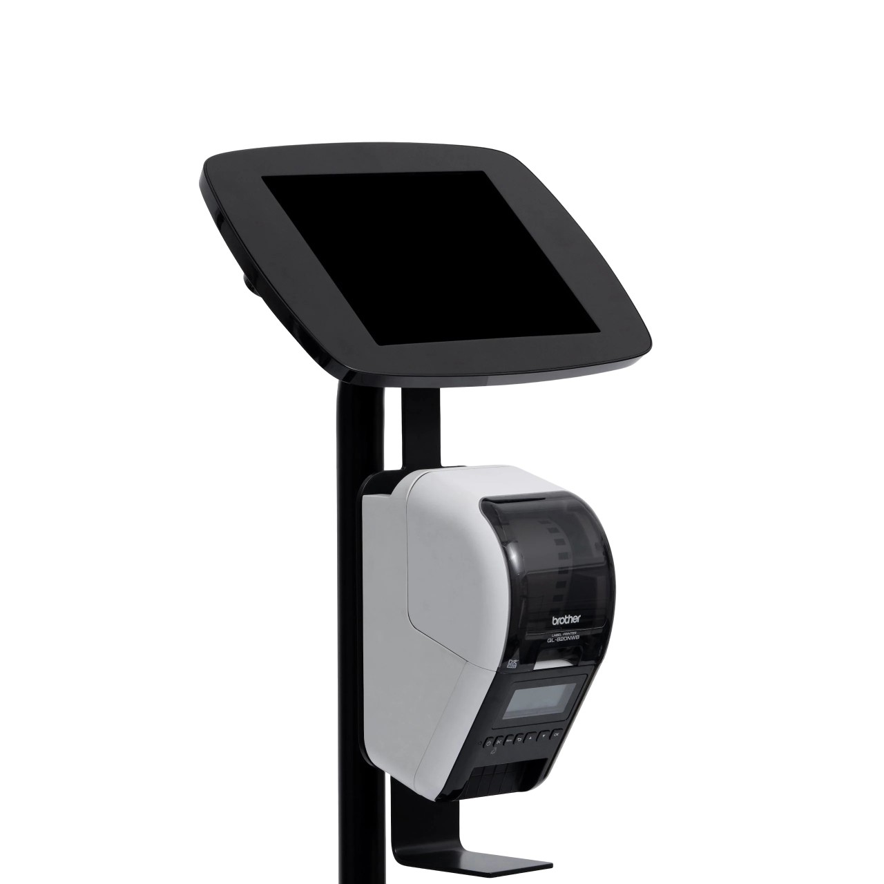 Black tablet security enclosure with a sleek design, featuring a 10.5-inch screen mount and a white printer attachment, mounted on a sturdy black stand.
