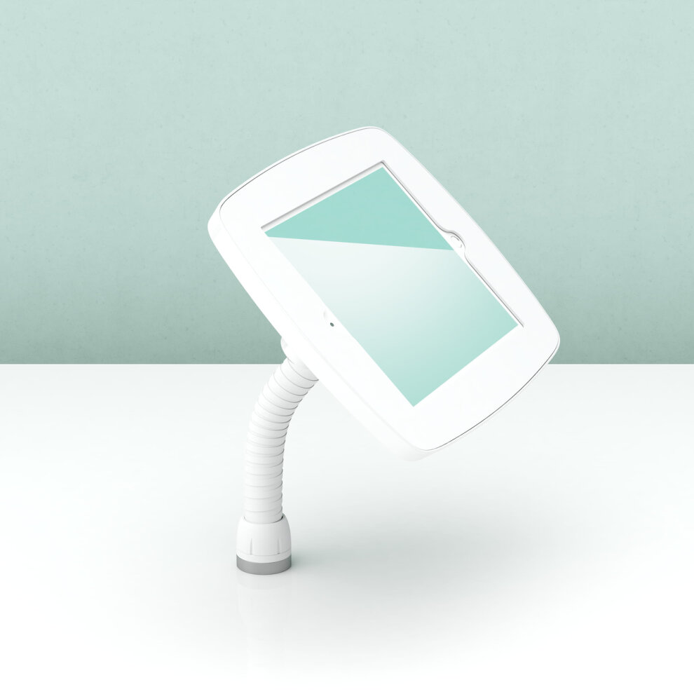 White Bouncepad Flex mount for Apple iPad Pro 12.9 (2015-2017) features a flexible neck and a sleek, modern design, ideal for secure tablet display and interaction.