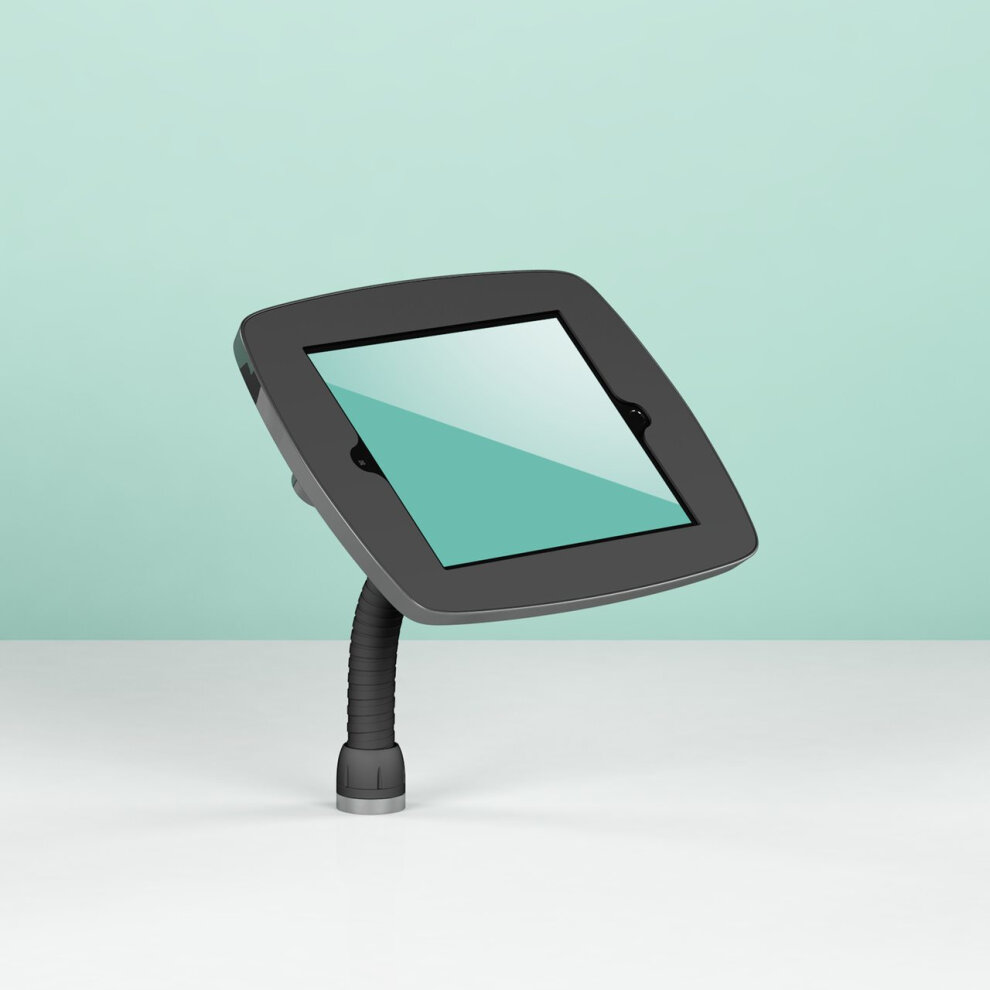 Black Bouncepad Flex stand for Samsung Galaxy Tab A 10.1 (2019) with a flexible neck, featuring an exposed front for easy access to the tablet screen.