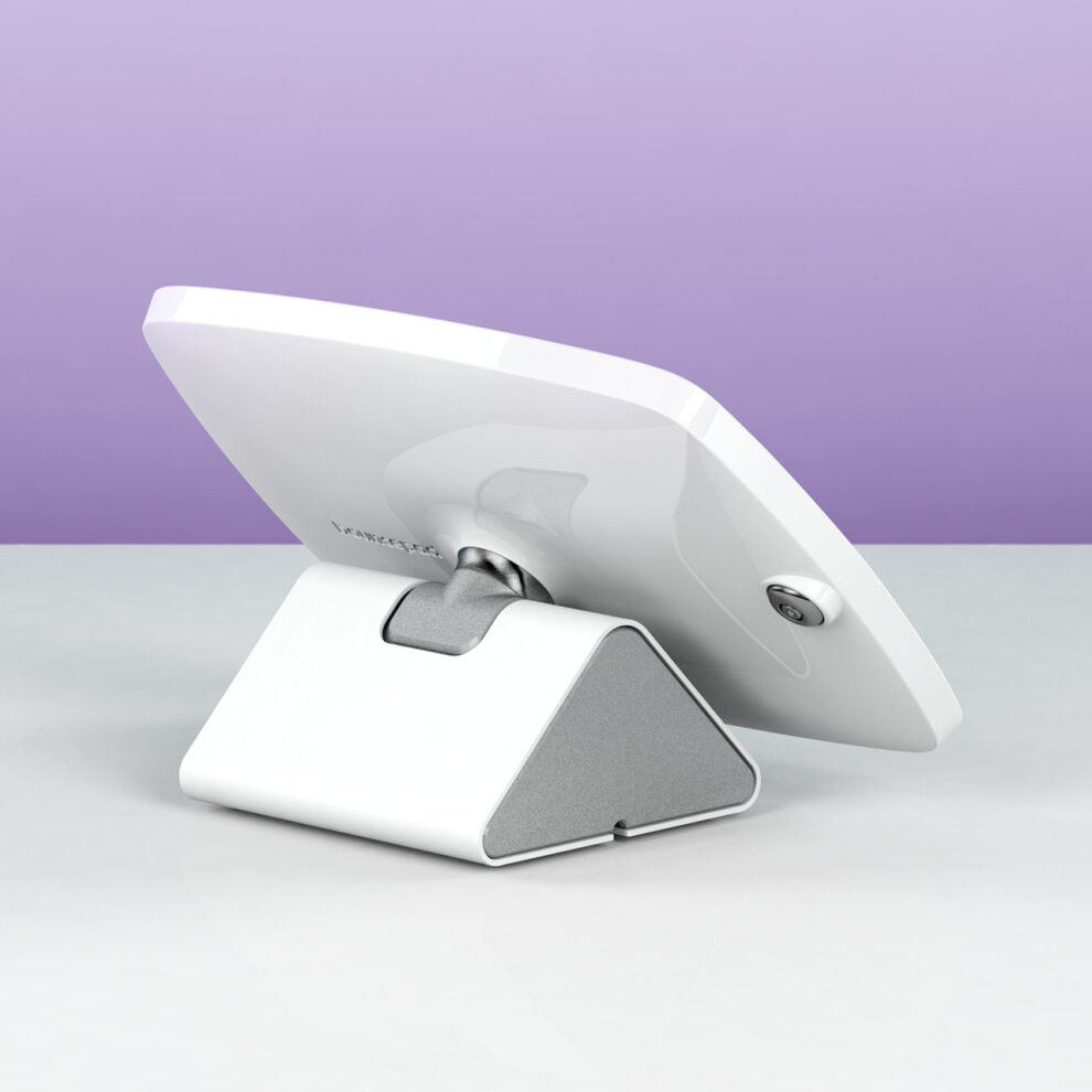 White Bouncepad Flip stand for Samsung Galaxy Tab A 10.1, featuring a sleek design with a smooth surface, adjustable angle, and a sturdy triangular base.