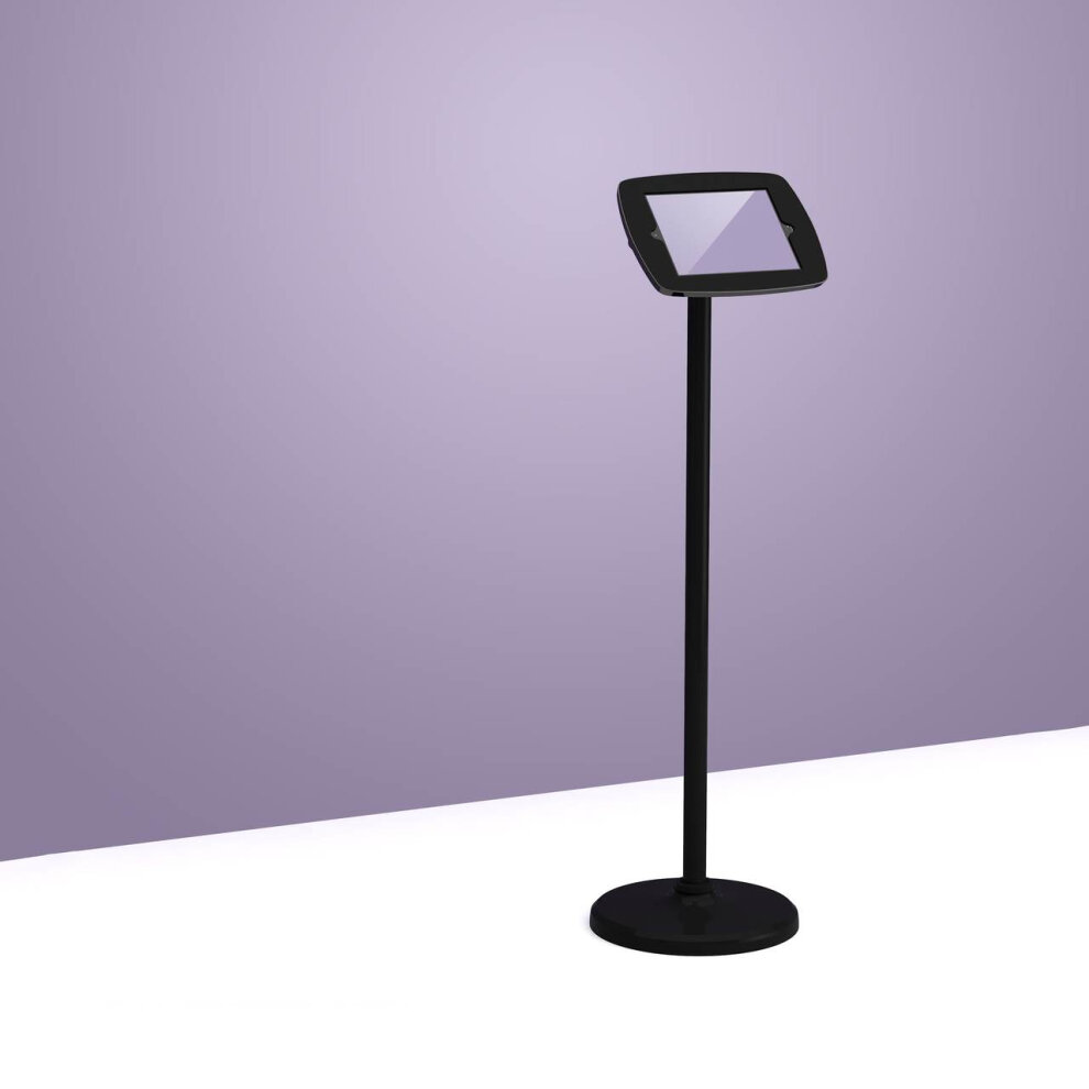 Black floorstanding kiosk for Samsung Galaxy Tab S3, featuring a sleek design with a sturdy base and an angled tablet holder for optimal viewing.