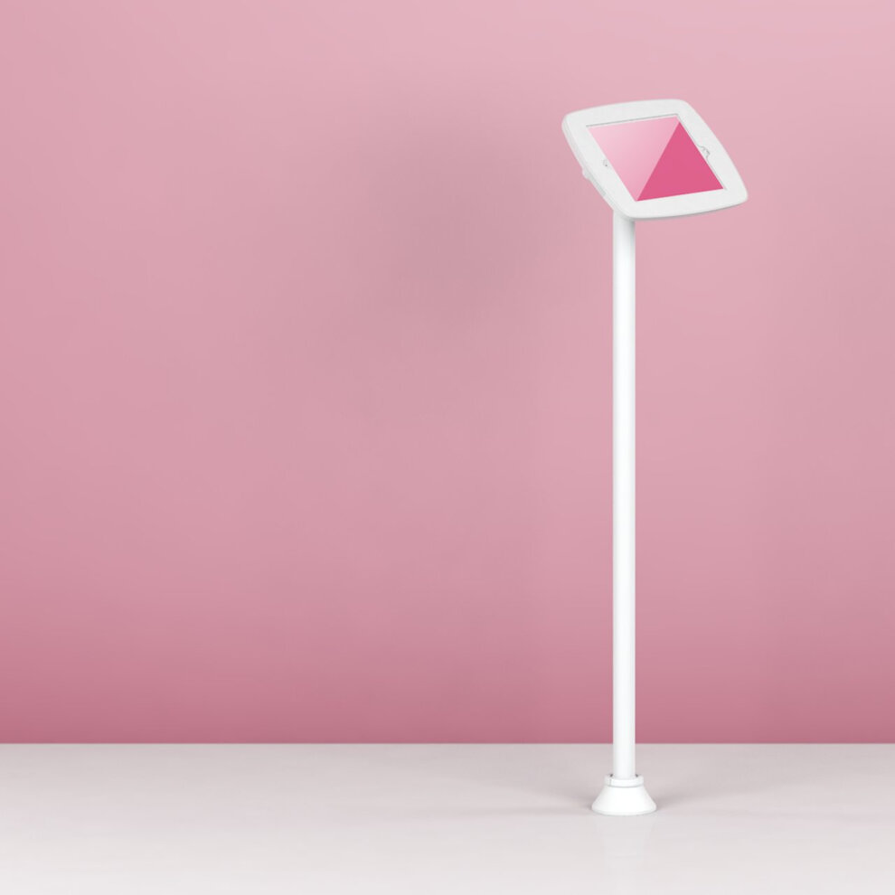 White floorstanding kiosk with a slim design, featuring a secure holder for an Apple iPad 6th Gen 9.7, set against a pink background.
