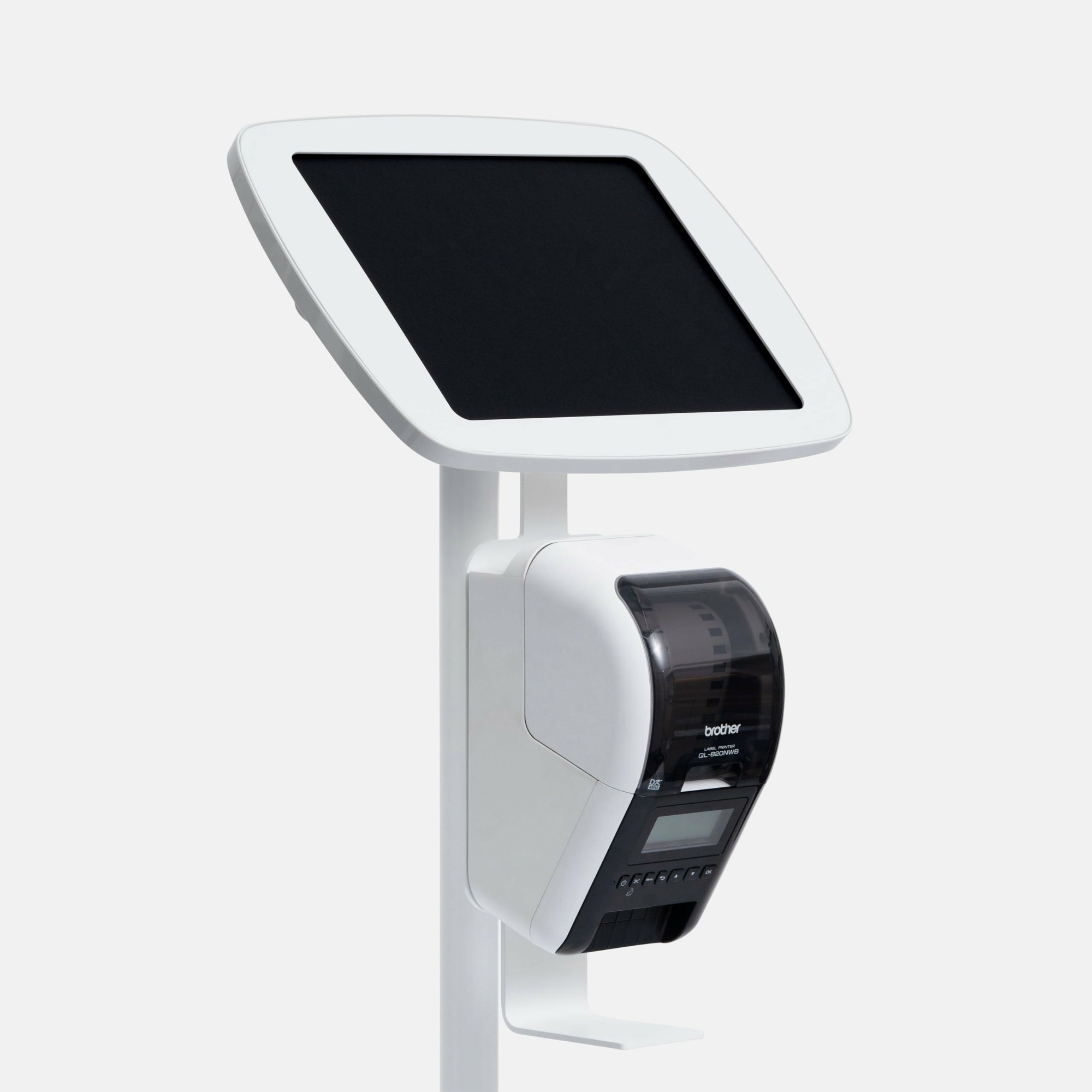 White floorstanding kiosk with a sleek tablet mount and a Brother printer attached, featuring a USB cable and a modern design for easy accessibility.
