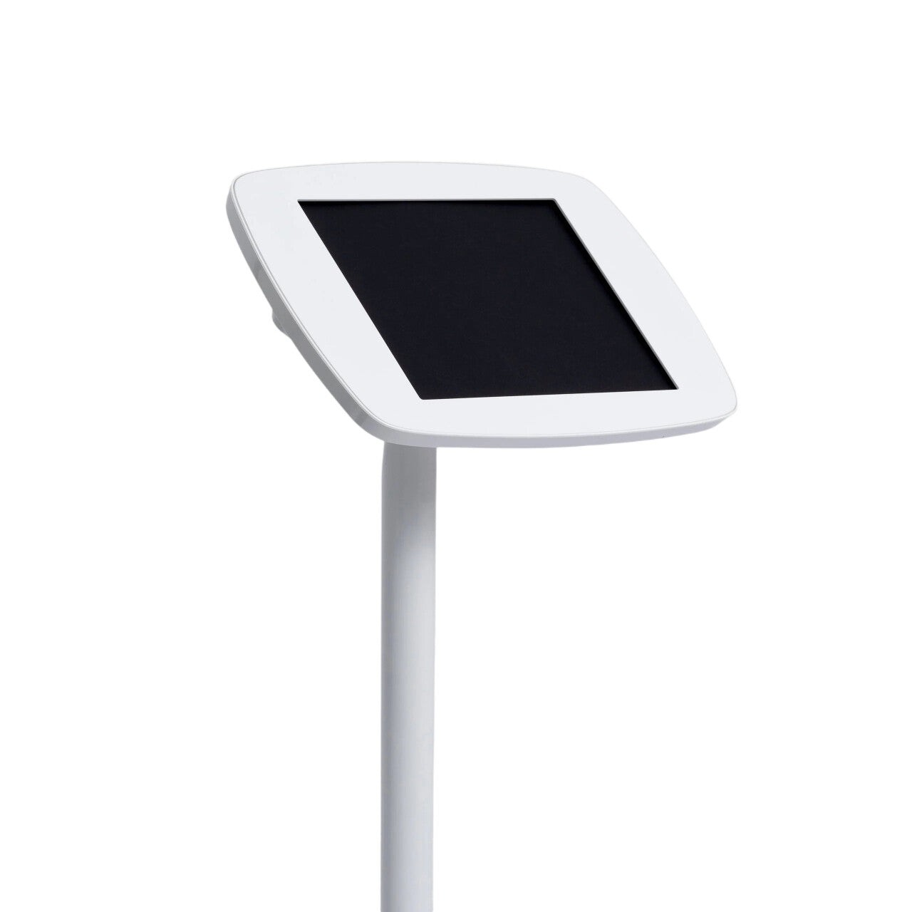 White tablet security enclosure with a sleek design, featuring a 10.5" screen mount on a sturdy pole, ideal for public display and secure tablet usage.