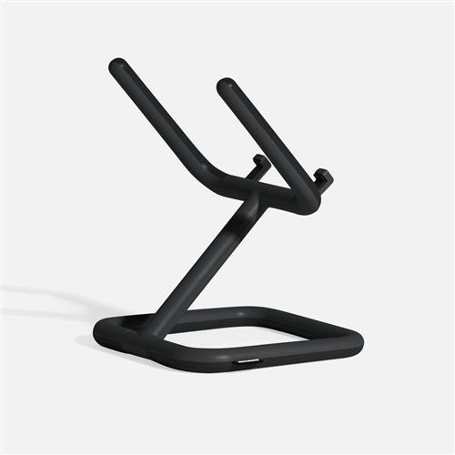 Adjustable black tablet stand with a sleek, modern design, featuring a sturdy base and angled support arms for universal tablet compatibility.