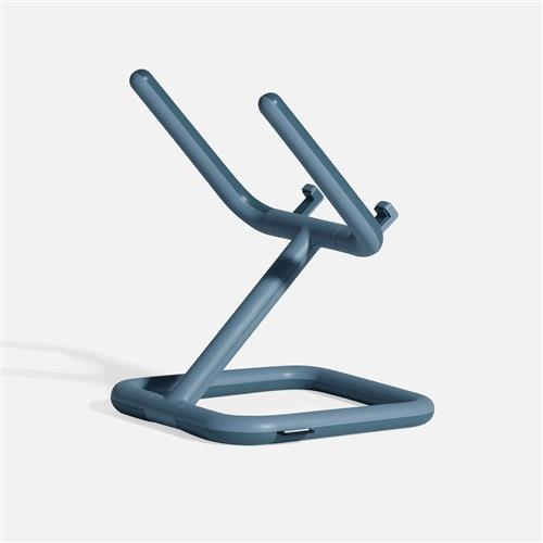 Adjustable blue tablet stand with a sturdy base and ergonomic design, featuring two angled arms for secure tablet positioning.