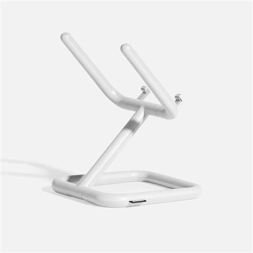 White adjustable tablet stand with a sturdy base and flexible arms, designed for universal tablet compatibility, featuring a sleek, modern design.