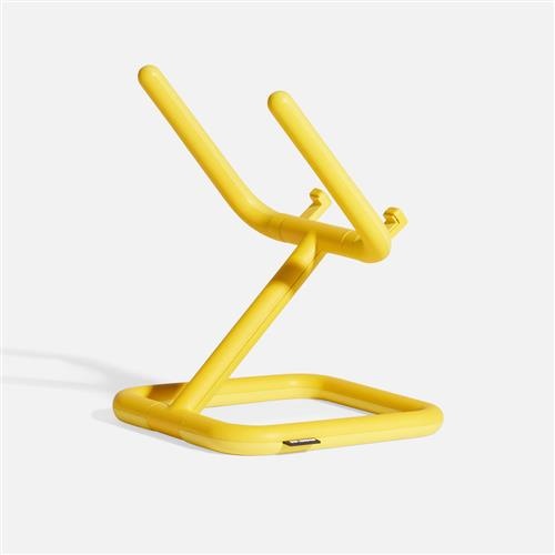 Adjustable yellow tablet stand with a sturdy, modern design featuring a square base and ergonomic arms for versatile positioning.