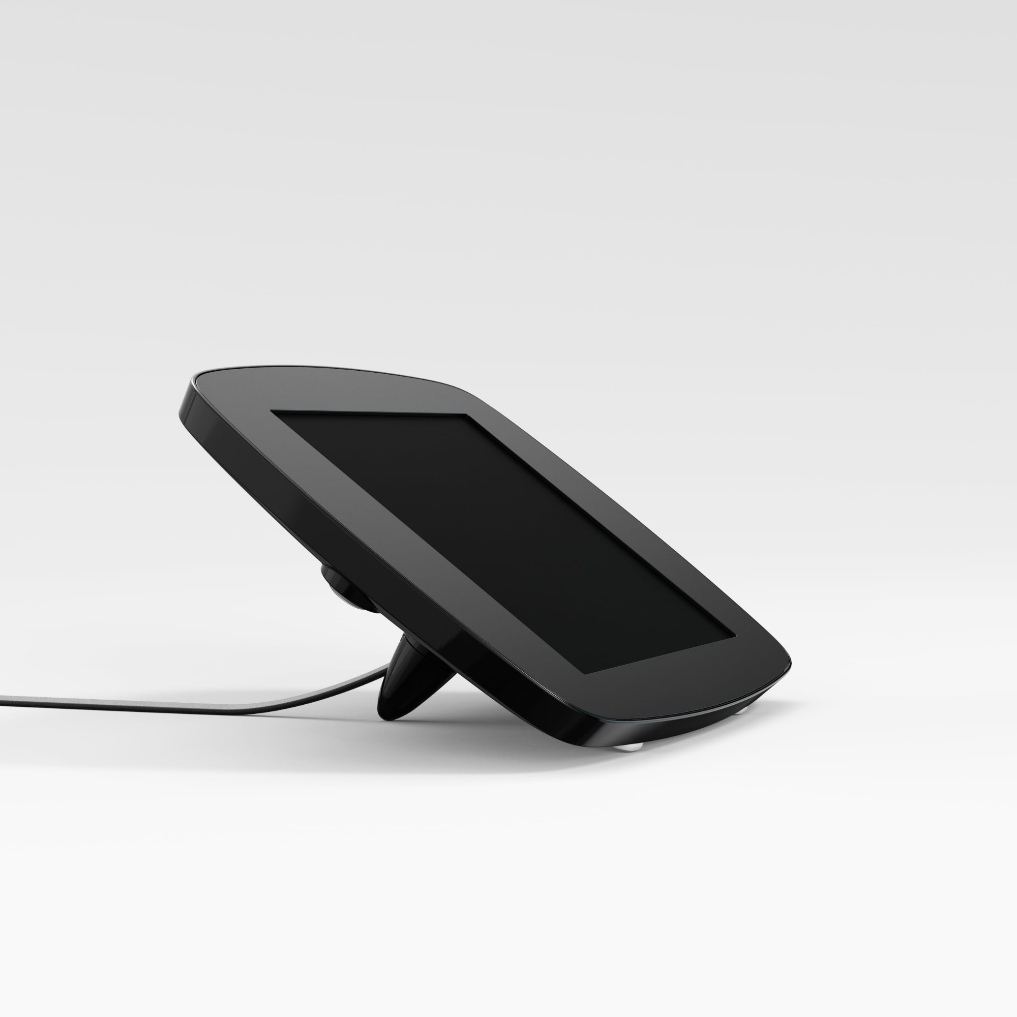 Black Bouncepad Lounge stand for Apple iPad 8th Gen 10.2 (2020) features a sleek design with an exposed front, adjustable angle, and a cable for power connectivity.