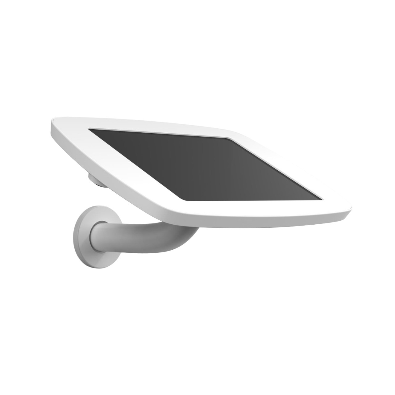 White Bouncepad Original Branch with a sleek design, featuring a covered front camera and home button, mounted on a curved arm for secure tablet display.