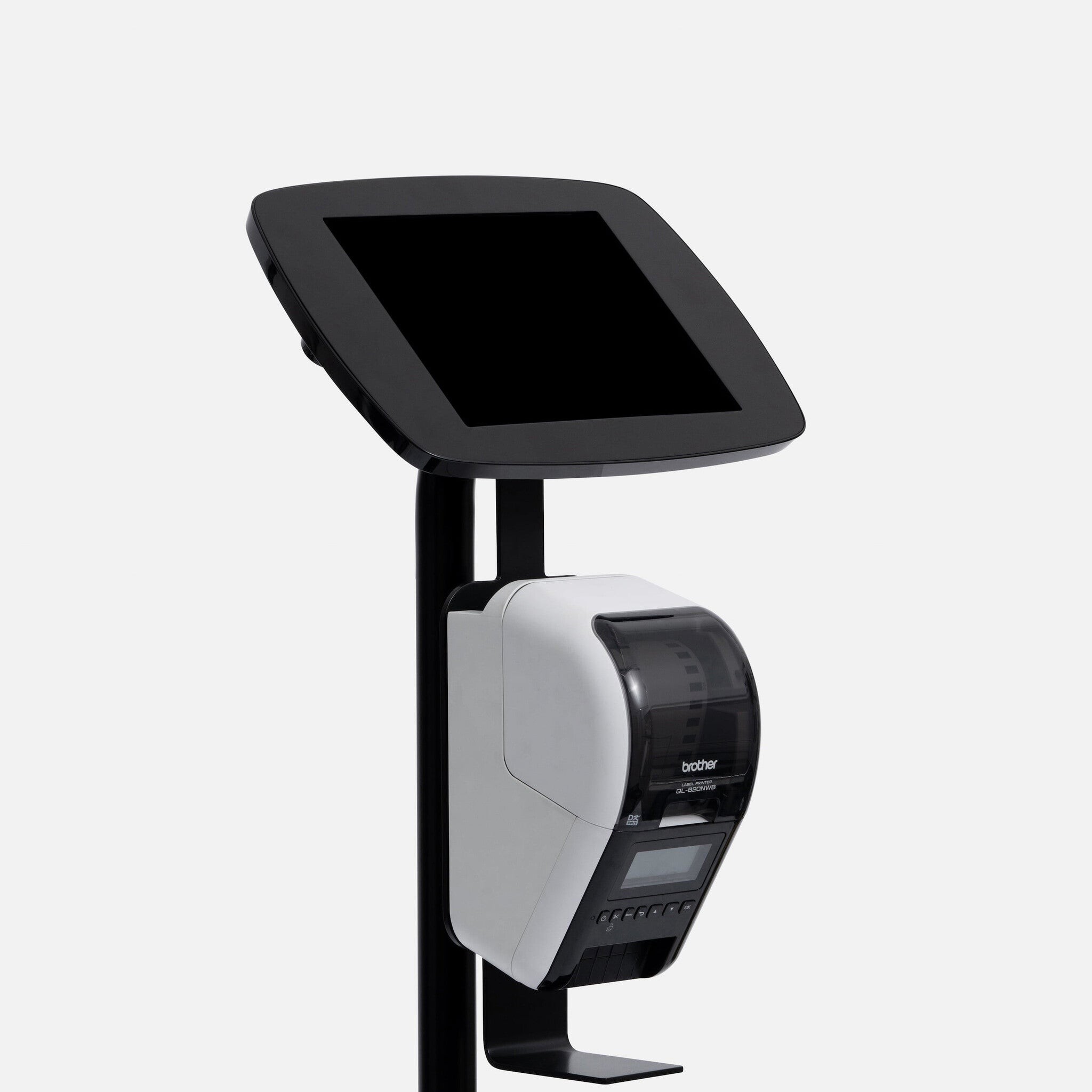 Black tablet stand with a sleek, flat screen mount and a white Brother printer attached below, featuring a USB cable for connectivity.