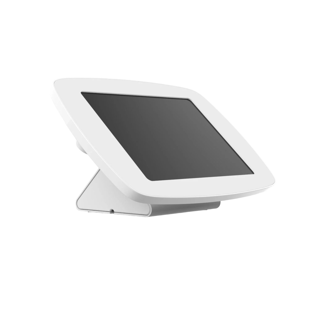 White Bouncepad Original Flip with a covered front camera and home button, featuring a sleek design and adjustable stand for optimal viewing angles.