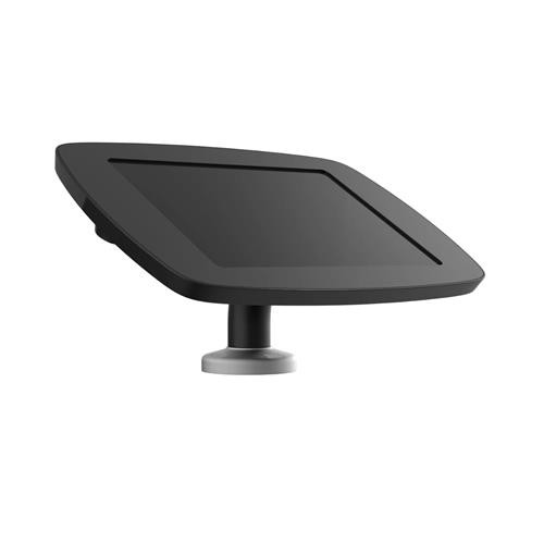 Black swivel desk mount for tablets with a covered front camera and home button, featuring a sleek design and sturdy base for secure positioning.