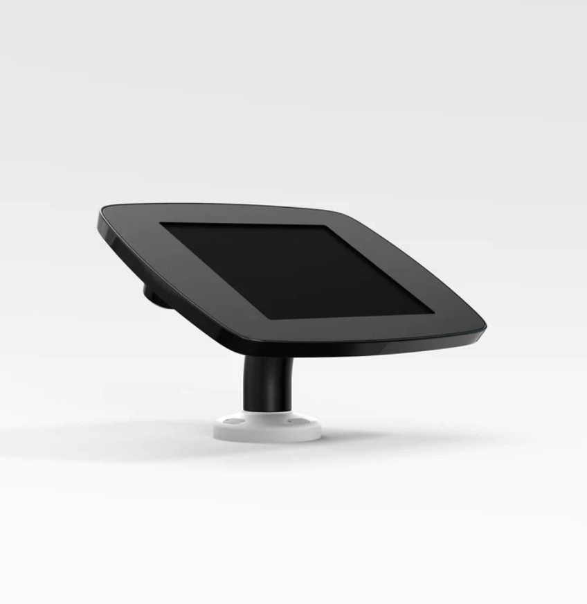 Black swivel desk mount for tablets featuring an exposed front camera and home button, with a sleek design and sturdy white base.