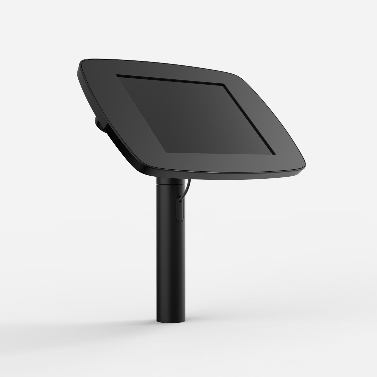 Black Bouncepad Original Twist with an exposed front camera and home button, featuring a sleek design and mounted on a sturdy pole for secure tablet display.