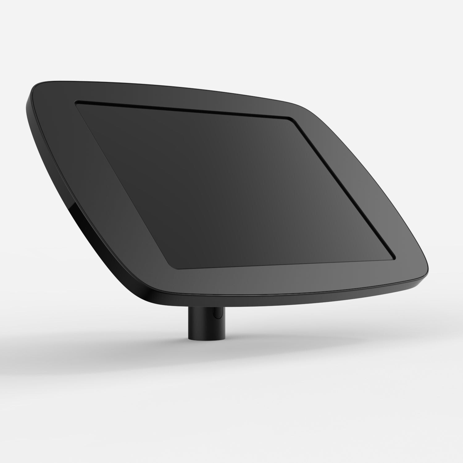 Black tablet stand designed for Apple iPad Pro models, featuring a sleek, curved design with a sturdy base and a smooth surface for easy interaction.