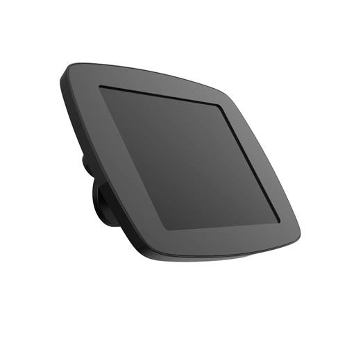Black wall-mounted tablet holder with a covered front camera and home button, featuring a sleek, rounded design for secure installation and easy access.