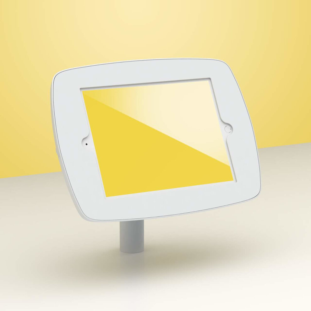 White Bouncepad Static 60 stand for Apple iPad 5th Gen 9.7 (2017) features a sleek design with an exposed tablet holder, set against a soft yellow background.