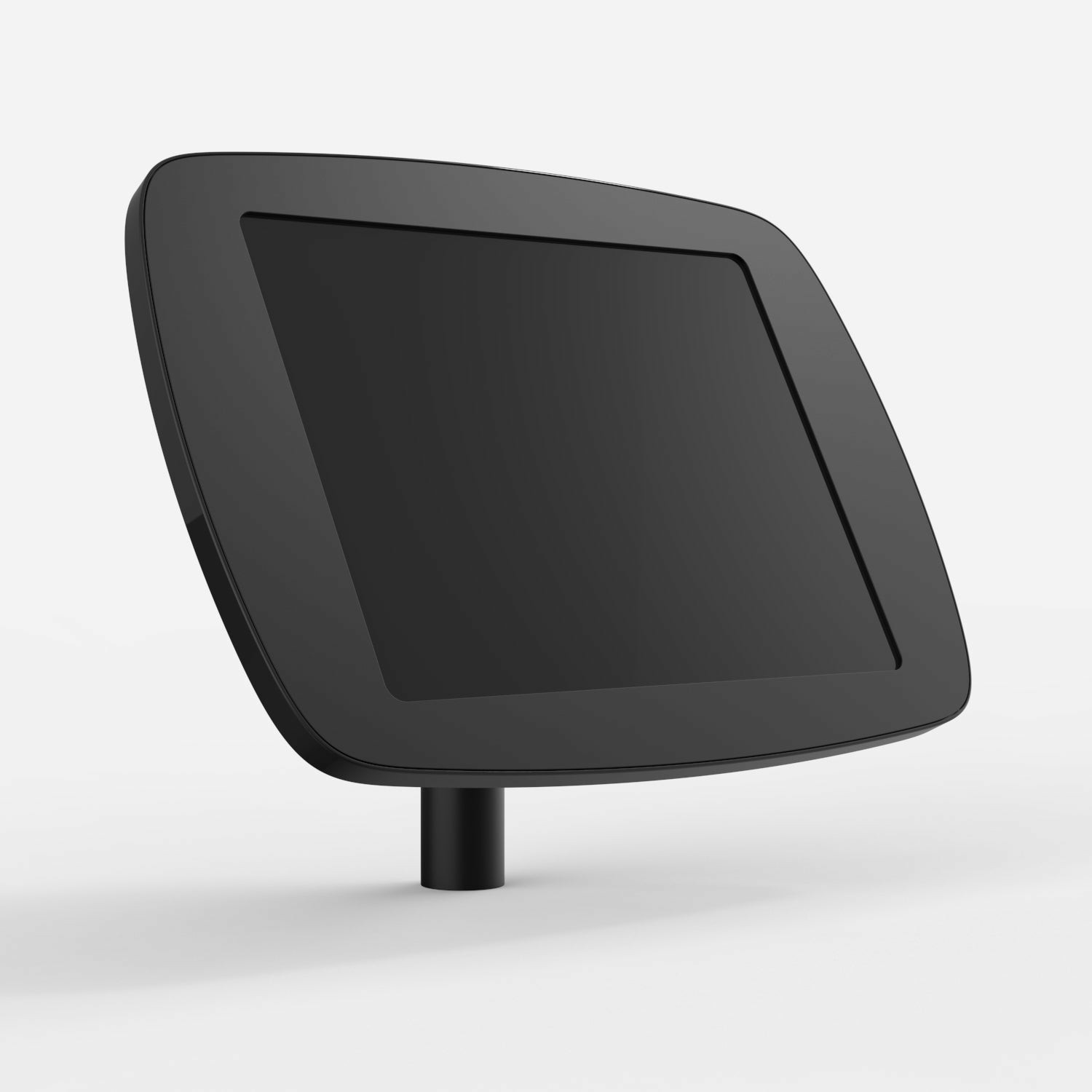 Black Bouncepad Static 60 with a sleek design, featuring a covered front camera and home button, mounted on a sturdy pole for secure display.