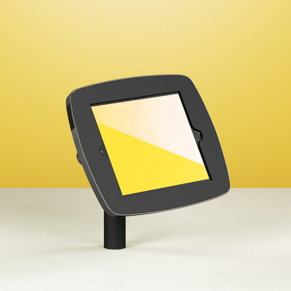Black Bouncepad Static 60 stand for Microsoft Surface Go 10.0 (2018) features a sleek design with a secure tablet holder and a sturdy pole, set against a yellow background.