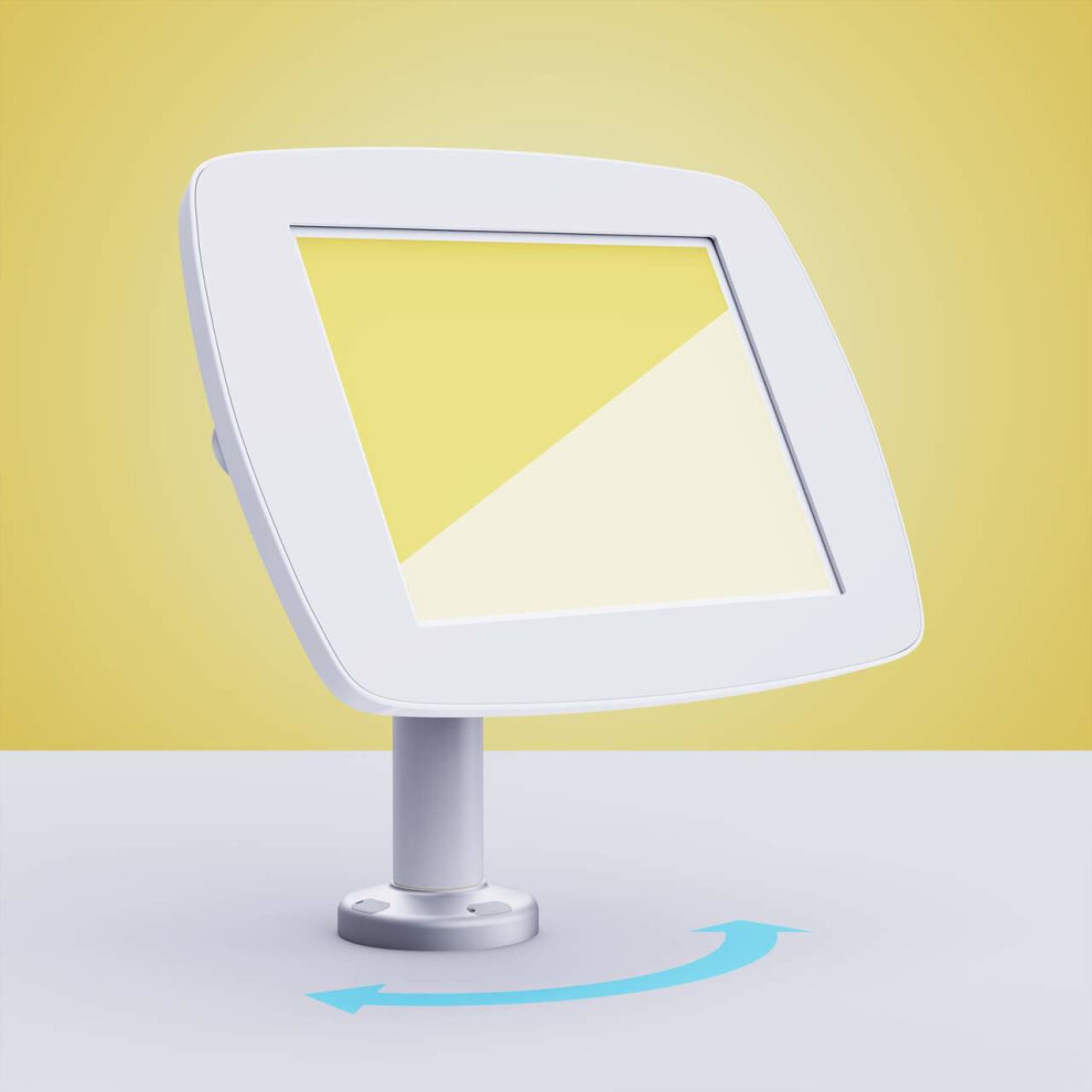 White Bouncepad Swivel 60 stand for Samsung Galaxy Tab A 10.1 (2019) features a sleek design with a rotating display and a sturdy metal base.