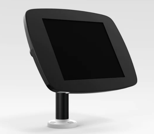 Black tablet security enclosure with a 10.4-inch screen, mounted on a sturdy black pole, featuring a swivel design for adjustable viewing angles.