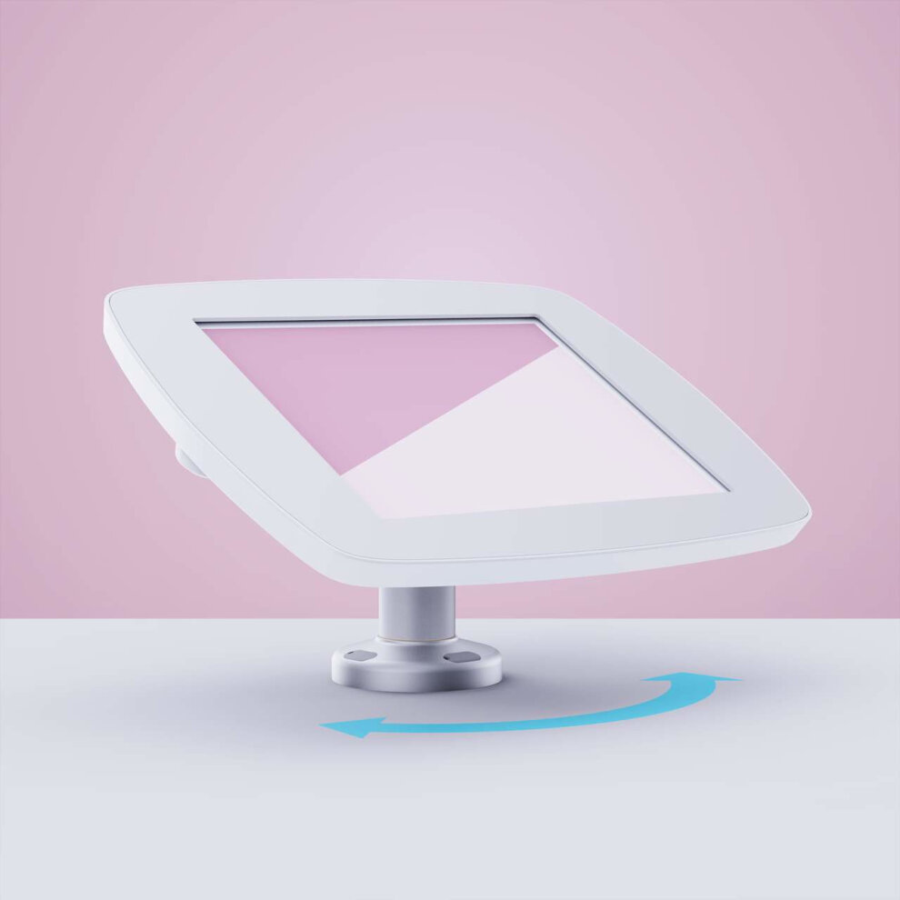 White Bouncepad Swivel Desk for Apple iPad Air 2nd Gen features a sleek design with a rotating base and a smooth, angled screen holder.