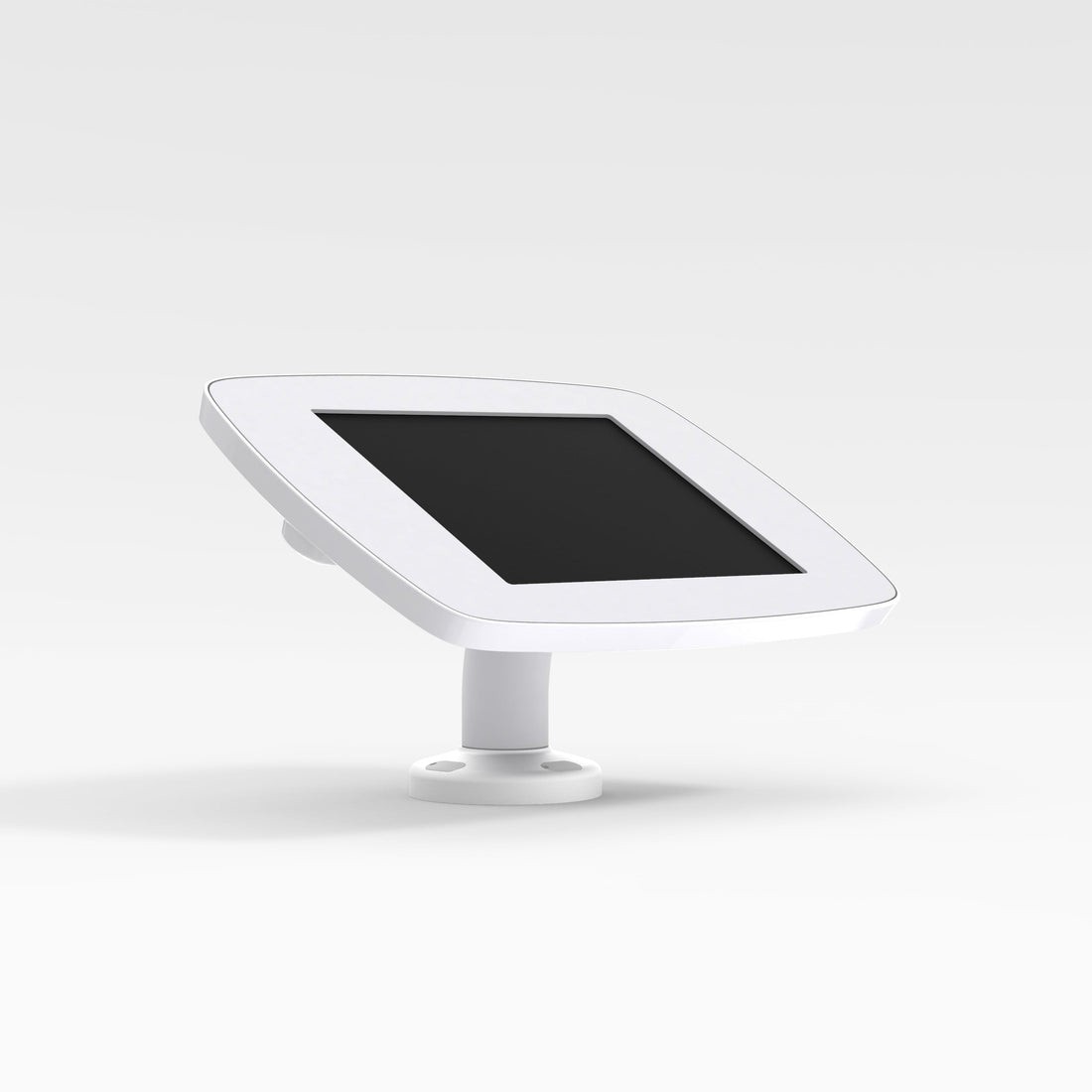 White Bouncepad Swivel Desk for Apple iPad Mini 6th Gen features a sleek, modern design with an exposed front and adjustable swivel mount for versatile viewing angles.