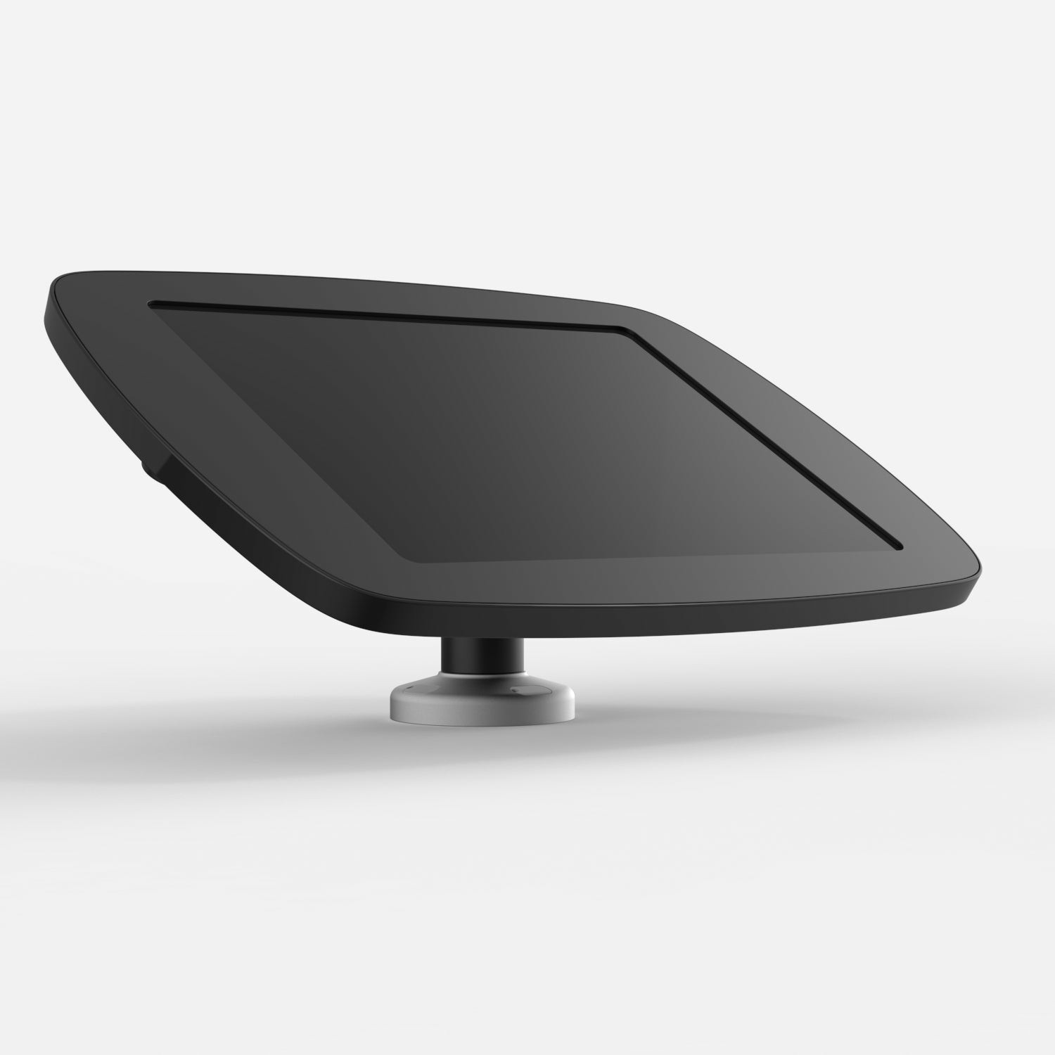 Black Bouncepad Swivel Desk with a sleek design, featuring a covered front camera and home button, mounted on a sturdy silver swivel base.