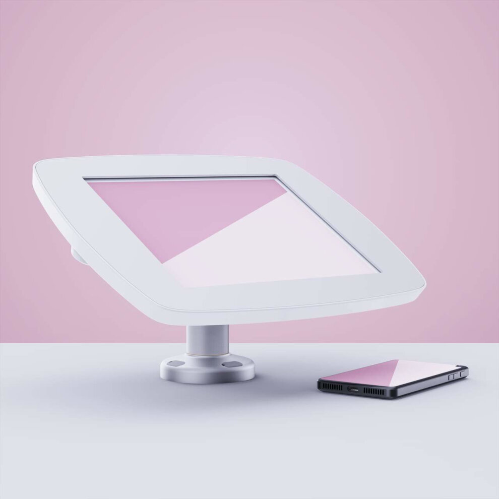 White Bouncepad Swivel Desk for Samsung Galaxy Tab S3, featuring a sleek design with a tiltable screen and a sturdy base, alongside a matching tablet on a light pink background.