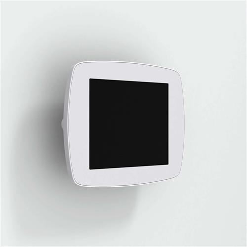 White, square wall-mounted tablet holder with a sleek design, featuring a black screen area and rounded edges, ideal for secure device display.