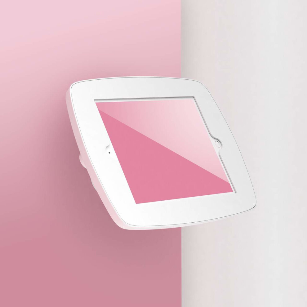 White wall-mounted tablet holder designed for the Apple iPad Air 2nd Gen 9.7, featuring a sleek, minimalist design with a glossy screen and rounded edges.