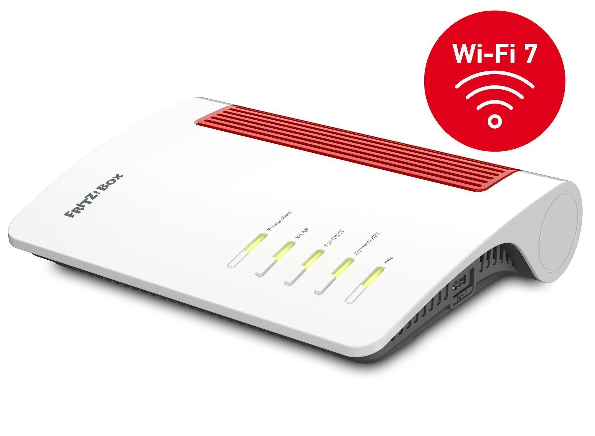 White wireless router with a red stripe, featuring four LED indicator lights, Ethernet ports, and labeled with "Wi-Fi 7" for dual-band connectivity (2.4 GHz / 5 GHz).